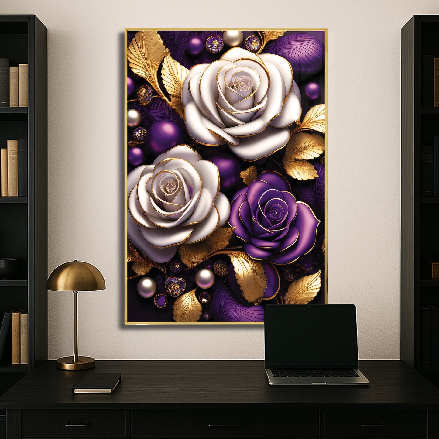 Elegant Purple & White Rose Metal Framed Wall Art – Modern Luxury Décor