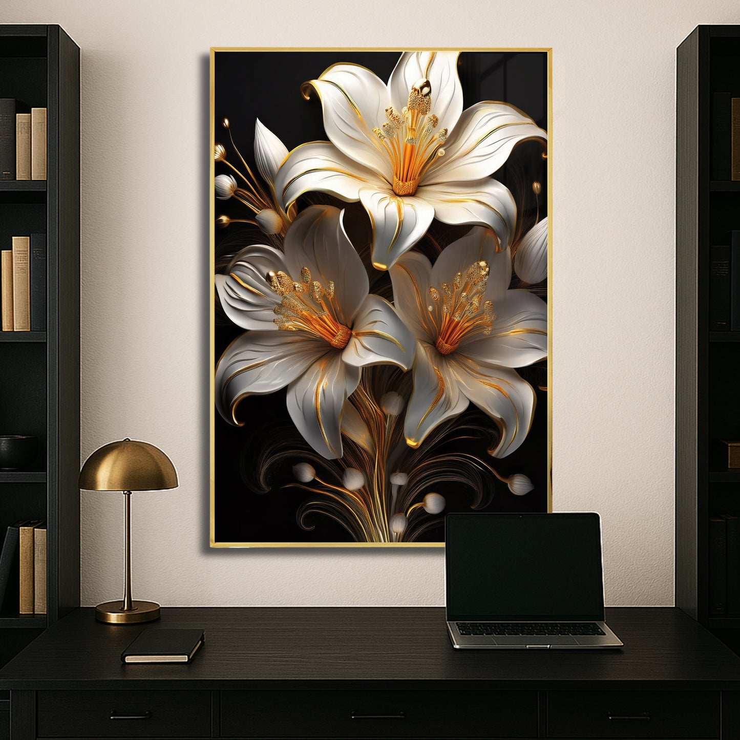 Elegant White & Gold Lily Metal Framed Wall Art – Modern Floral Luxury