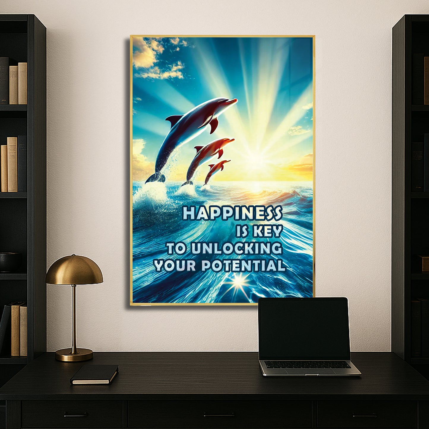 Happiness Unleashed β Dolphin Sunrise Inspirational Wall Art