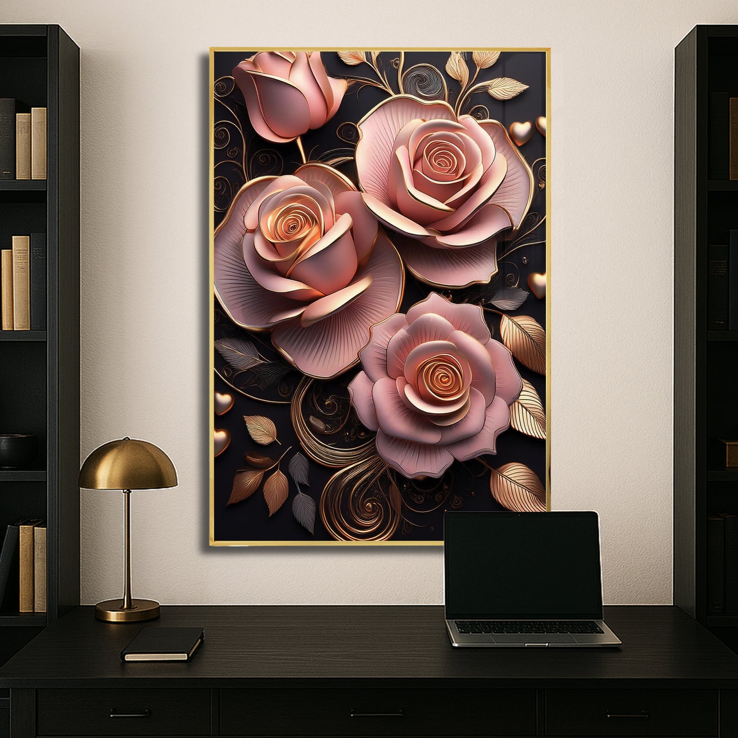 Classic Pink Rose Metal Framed Wall Art – Romantic Luxury Décor