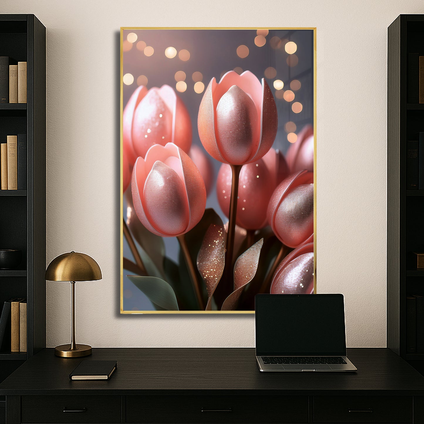 Blush Pink Tulip Bouquet Metal Framed Wall Art – Romantic Modern Décor