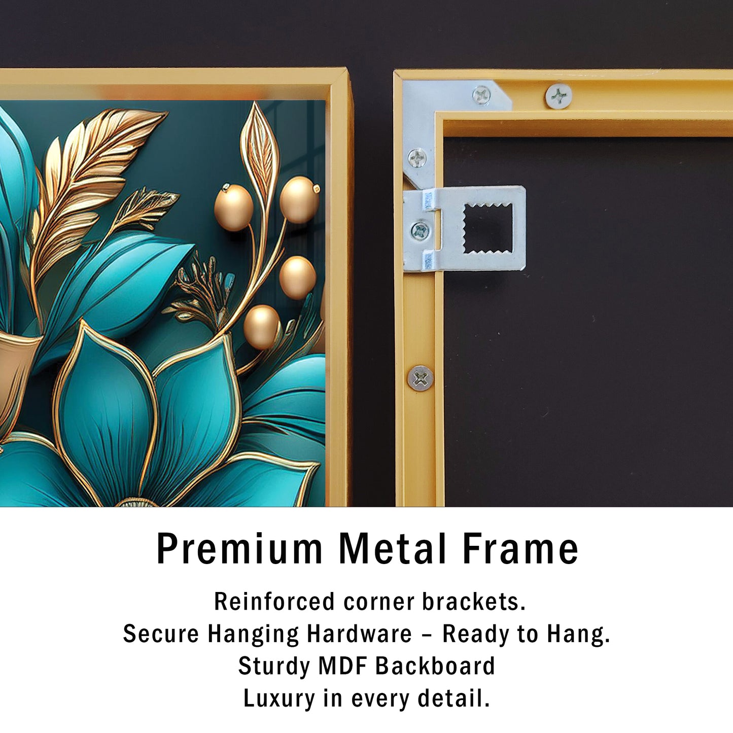 Golden & Cream Floral Metal Framed Wall Art – Elegant Botanical Design
