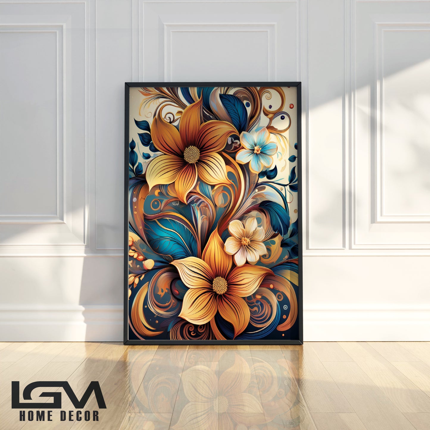 Golden & Cream Floral Metal Framed Wall Art – Elegant Botanical Design