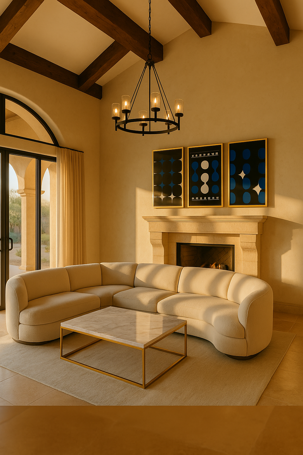 Living room with beige sectional sofa, marble coffee table, and decorative wall art.
