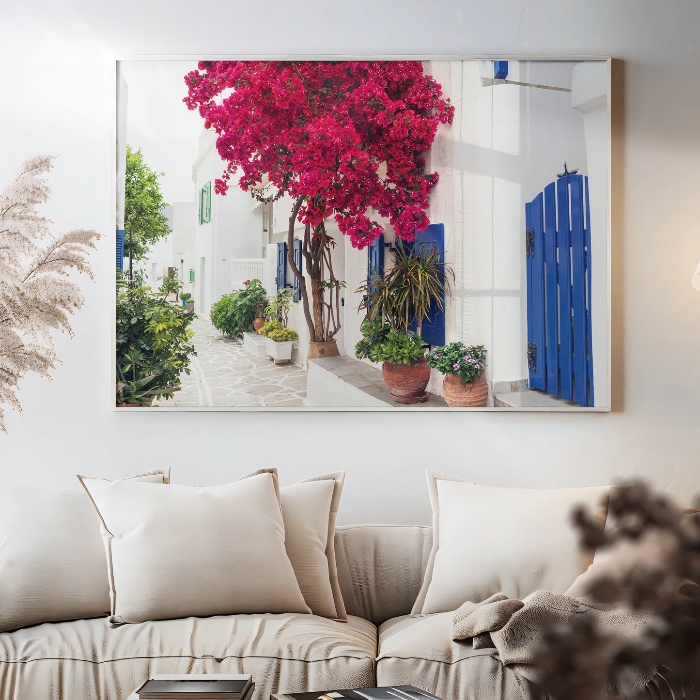 Cycladic Bloom – Bougainvillea Street Wall Art, Greek Island Floral Escape