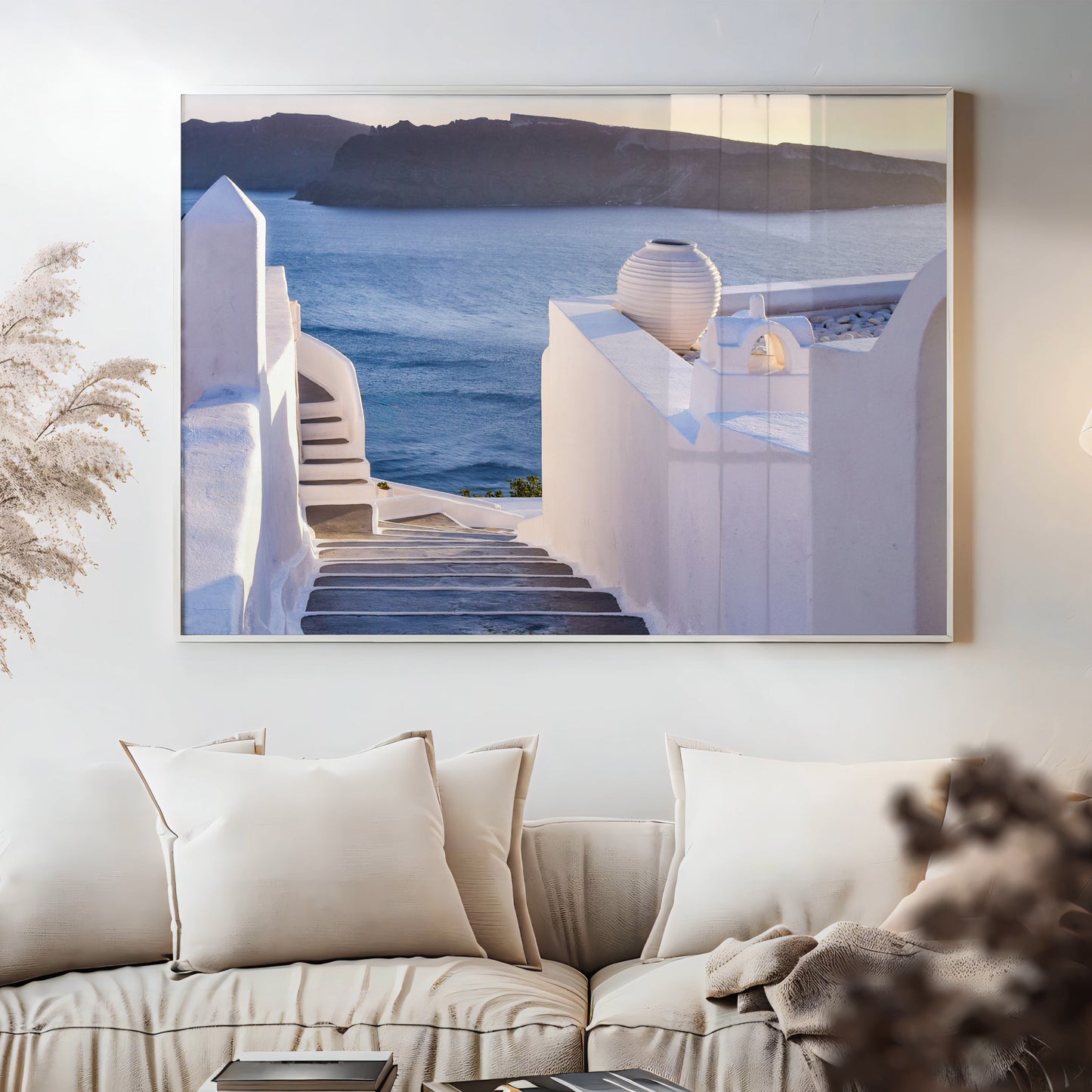 Elegant Staircase in Santorini β Sunset View Over Aegean Horizon