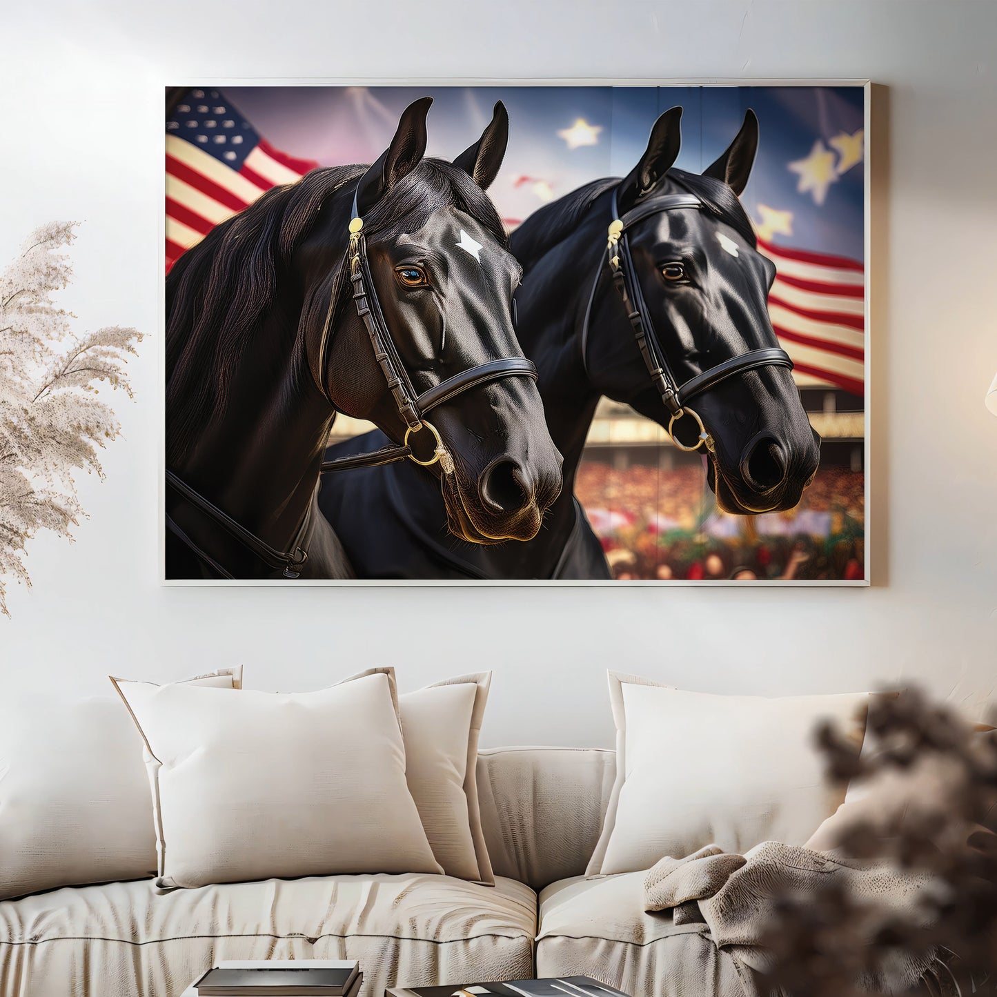 American Pride – Black Percheron Draft Duo with Flags