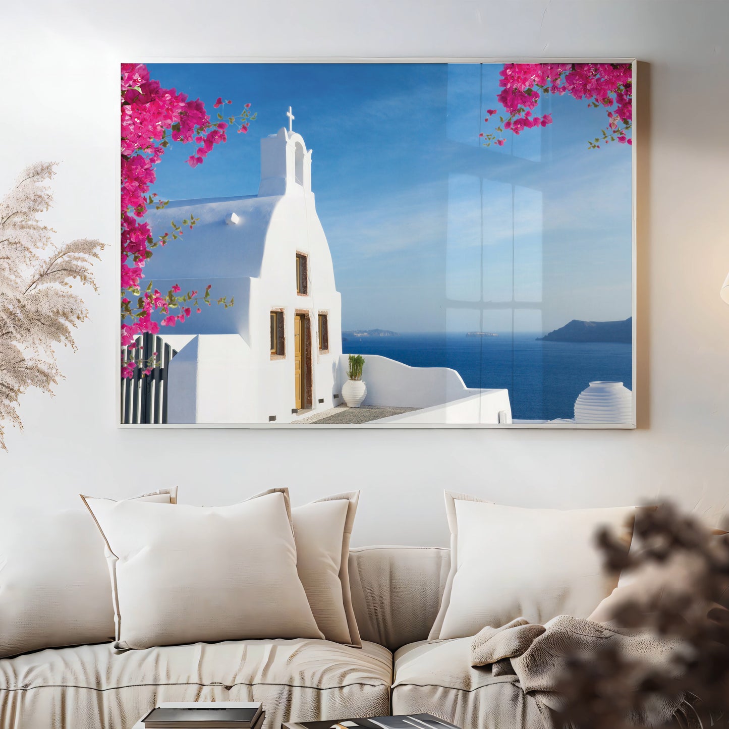 Santorini Cliffside Chapel Wall Art – Aegean Sea View with Bougainvillea Blossoms
