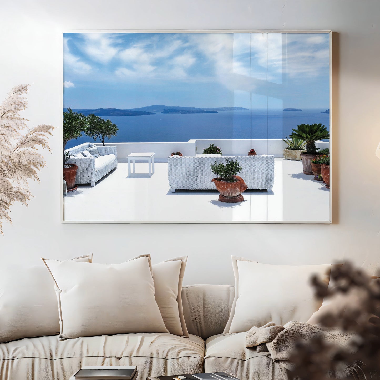 Santorini Serenity β White Balcony Wall Art, Aegean Sea View, Luxury Travel Decor
