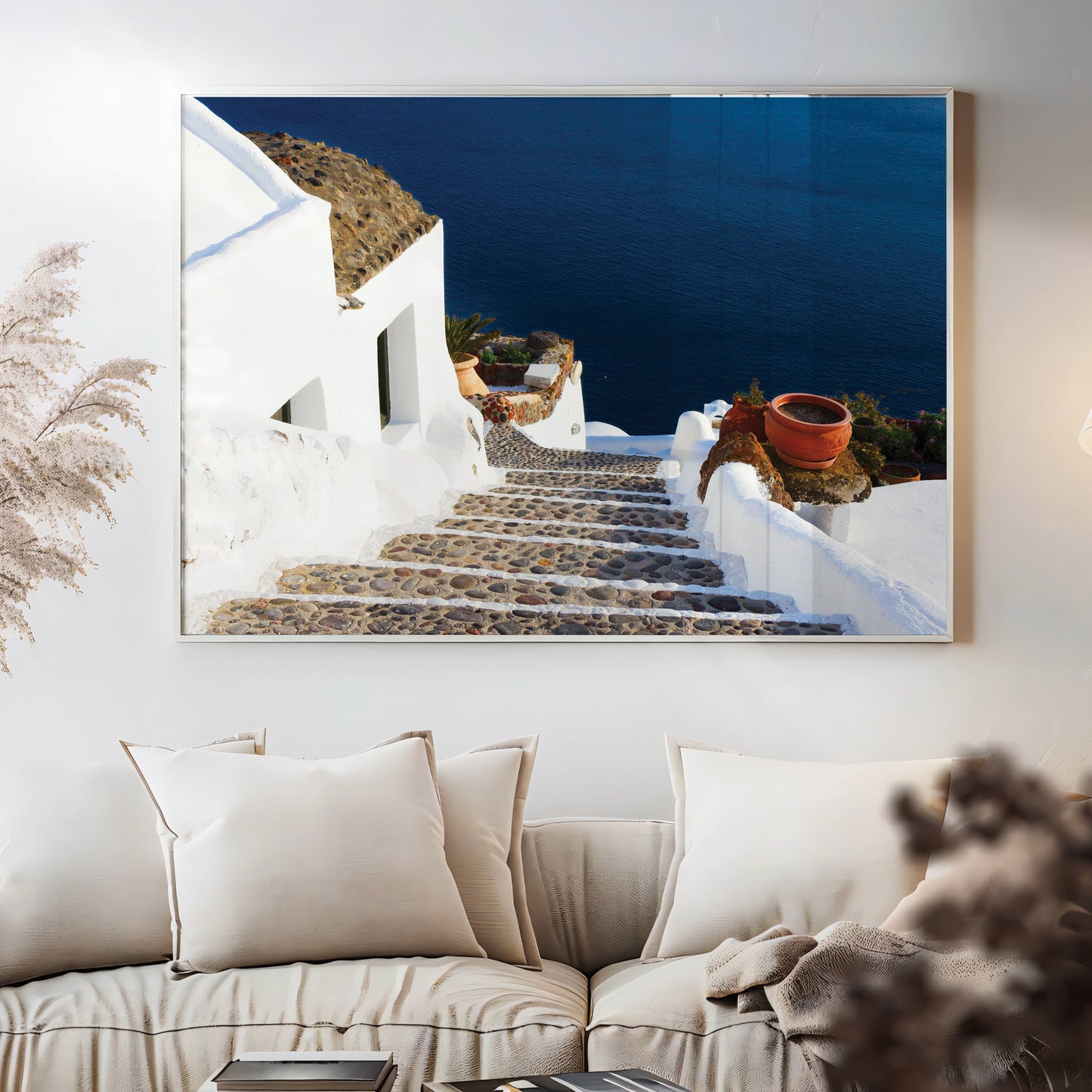 Santorini Steps – Greek Island Stone Path Wall Art, Aegean Sea View