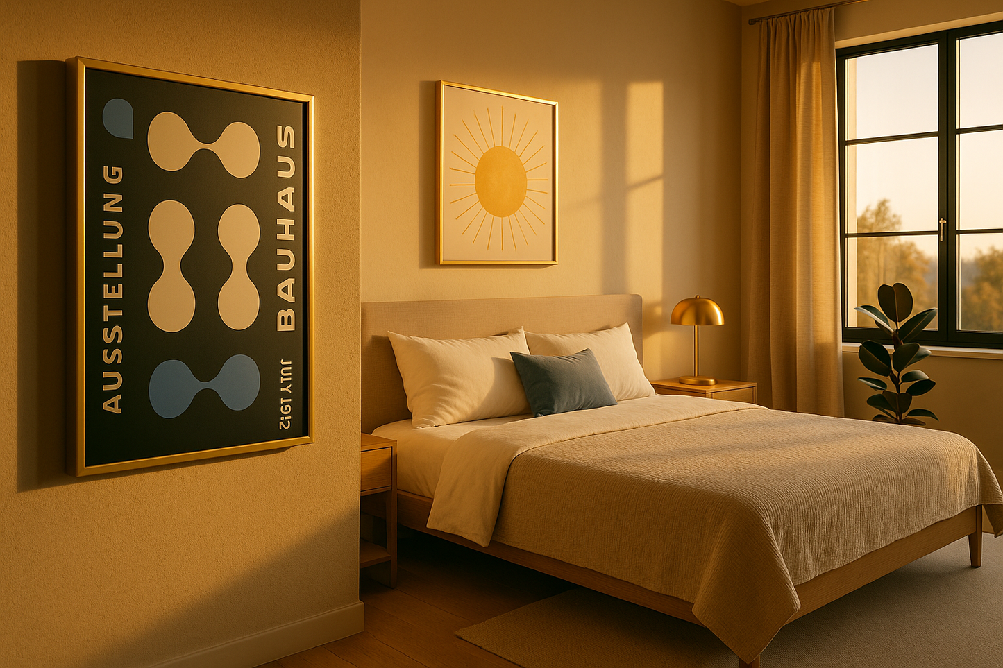 Modern bedroom with a bed, wall art, and window