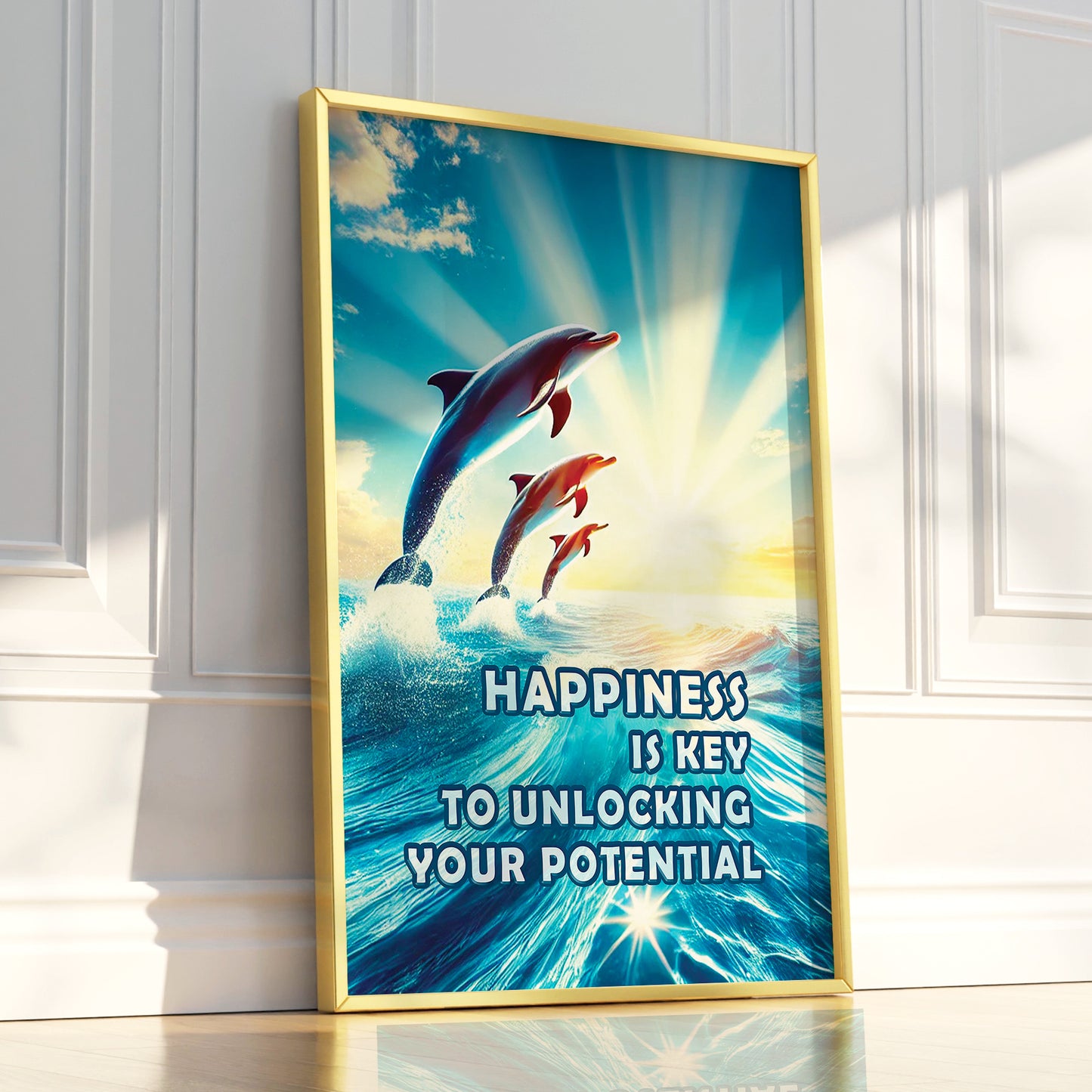 Happiness Unleashed β Dolphin Sunrise Inspirational Wall Art