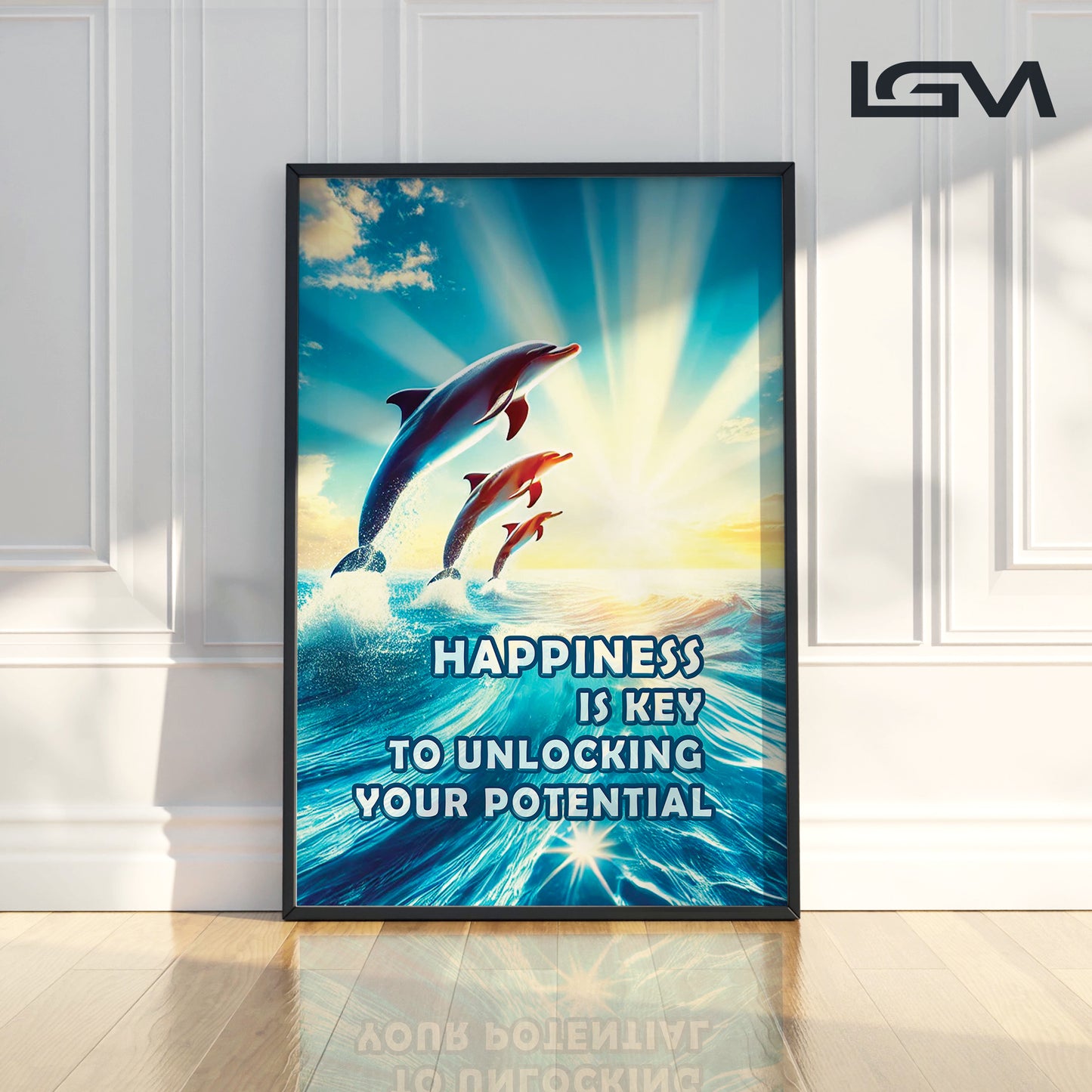 Happiness Unleashed β Dolphin Sunrise Inspirational Wall Art