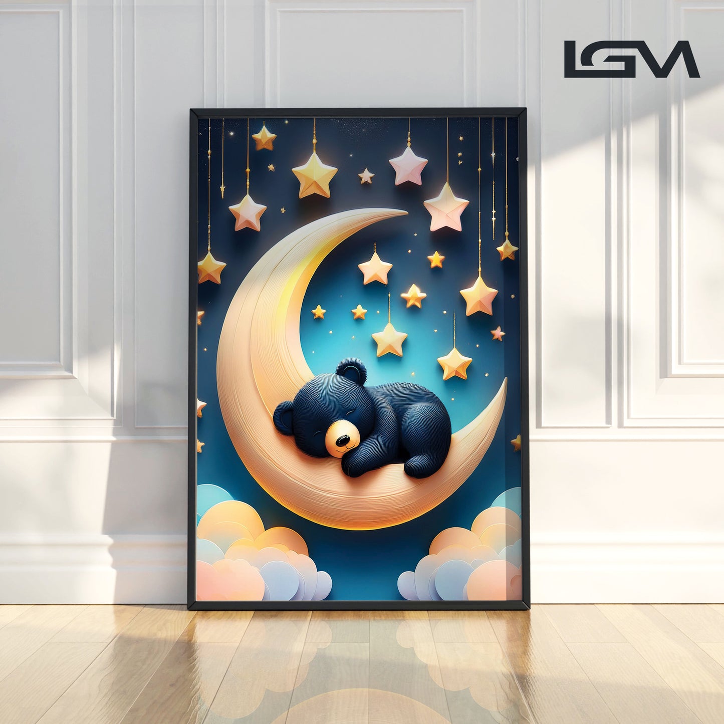 Sleeping Black Bear on Crescent Moon β Dreamy Nursery Wall Art