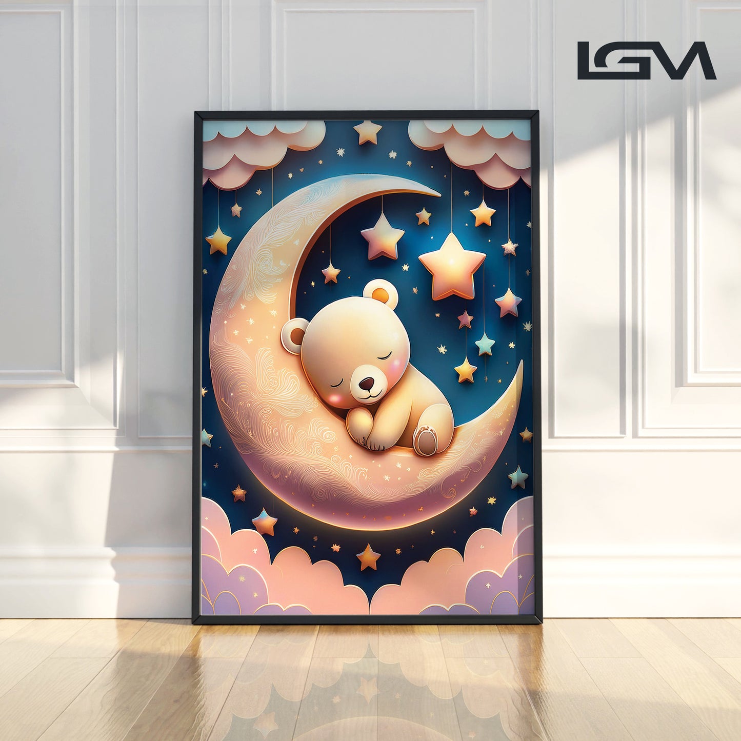 Golden Moon & Sleeping Brown Bear β Gentle Night Sky Wall Art for Nursery Decor