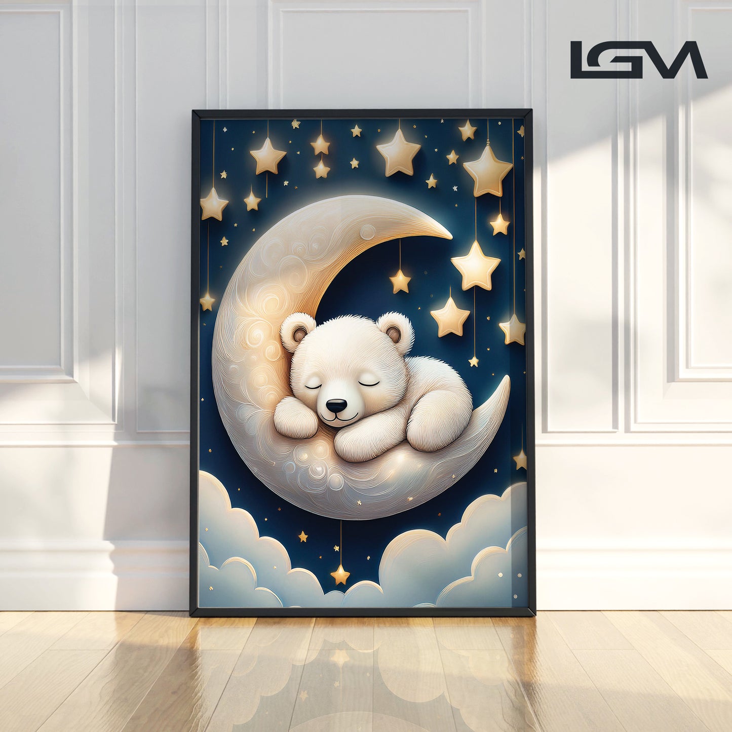 White Bear Asleep on Lunar Moon β Starry Night Nursery Wall Decor