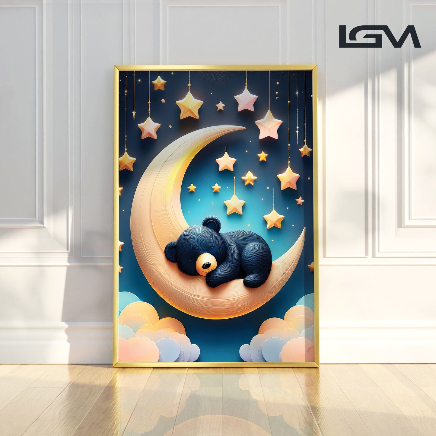 Sleeping Black Bear on Crescent Moon β Dreamy Nursery Wall Art