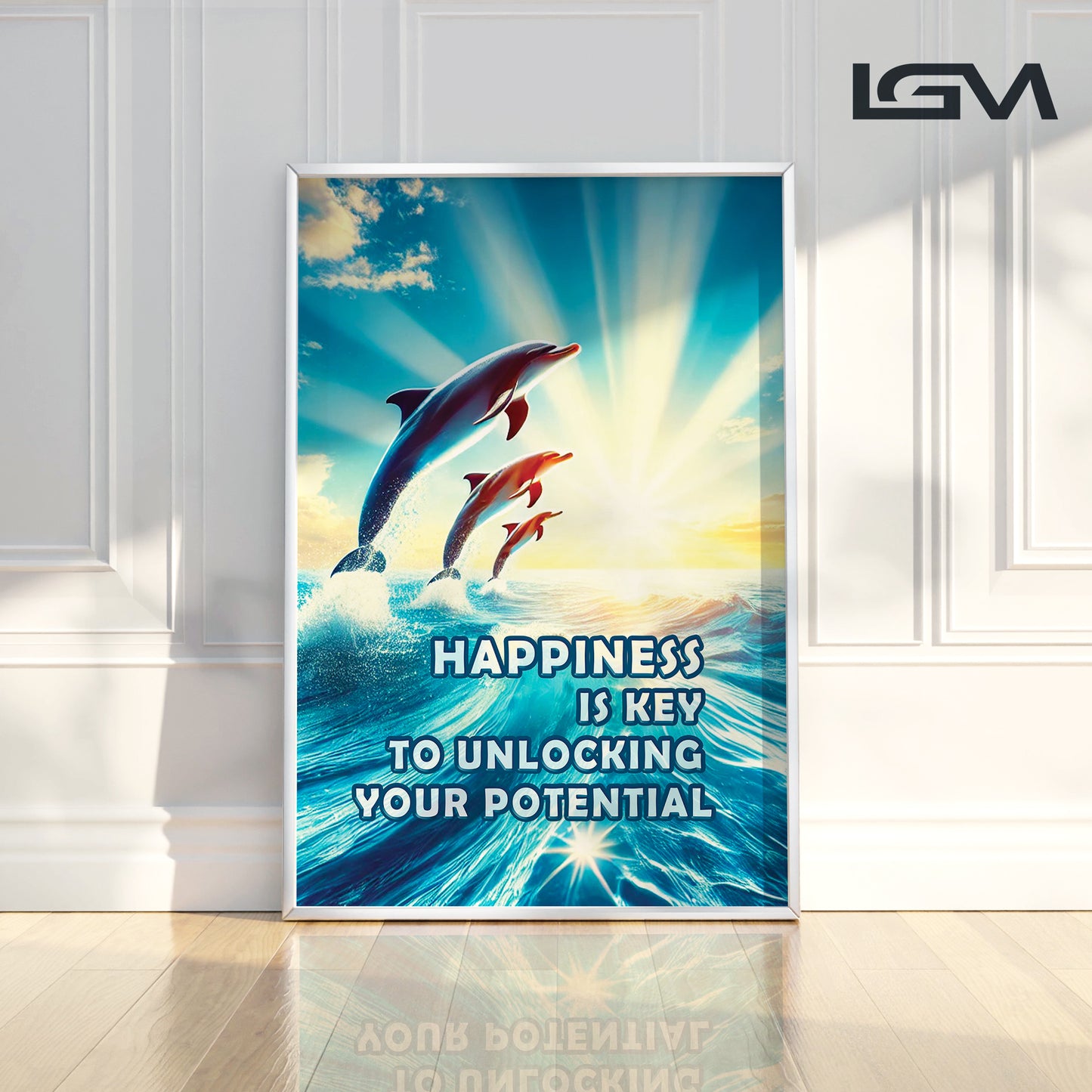 Happiness Unleashed β Dolphin Sunrise Inspirational Wall Art
