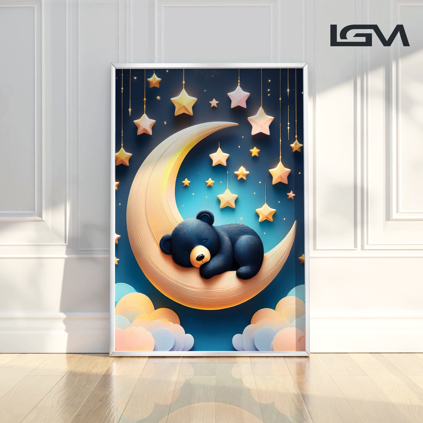 Sleeping Black Bear on Crescent Moon β Dreamy Nursery Wall Art