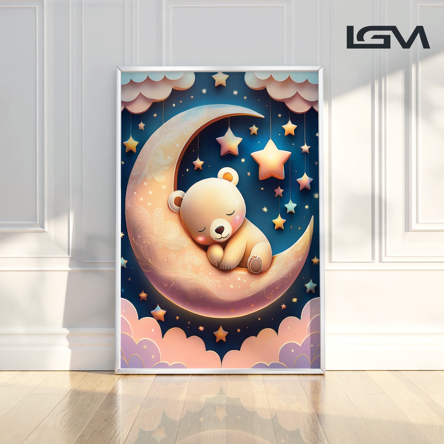 Golden Moon & Sleeping Brown Bear β Gentle Night Sky Wall Art for Nursery Decor