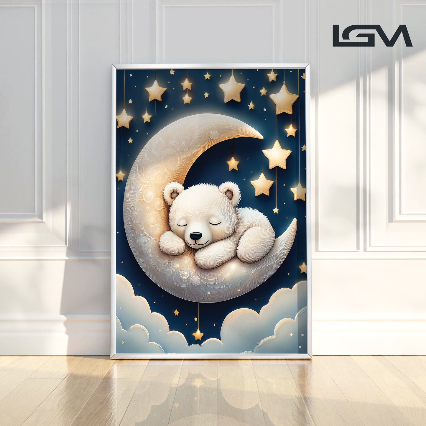 White Bear Asleep on Lunar Moon β Starry Night Nursery Wall Decor