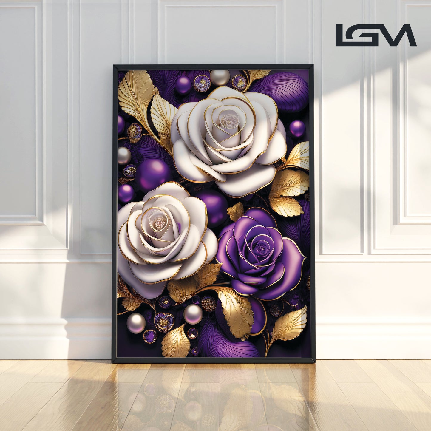 Elegant Purple & White Rose Metal Framed Wall Art – Modern Luxury Décor