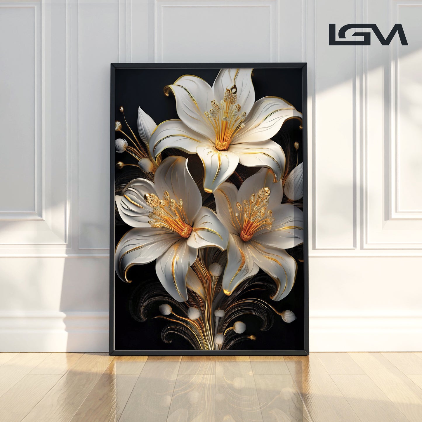 Elegant White & Gold Lily Metal Framed Wall Art – Modern Floral Luxury