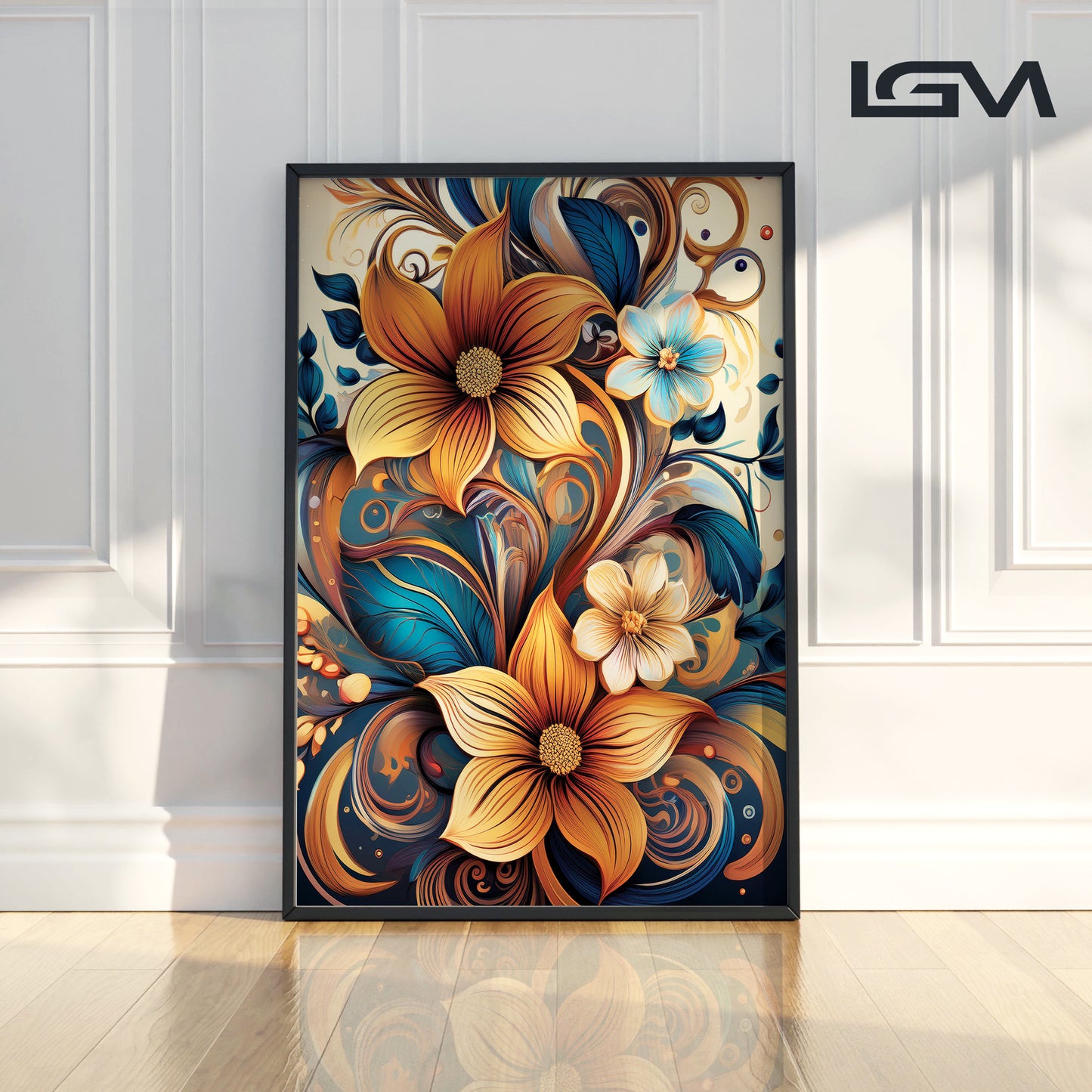 Golden & Cream Floral Metal Framed Wall Art – Elegant Botanical Design