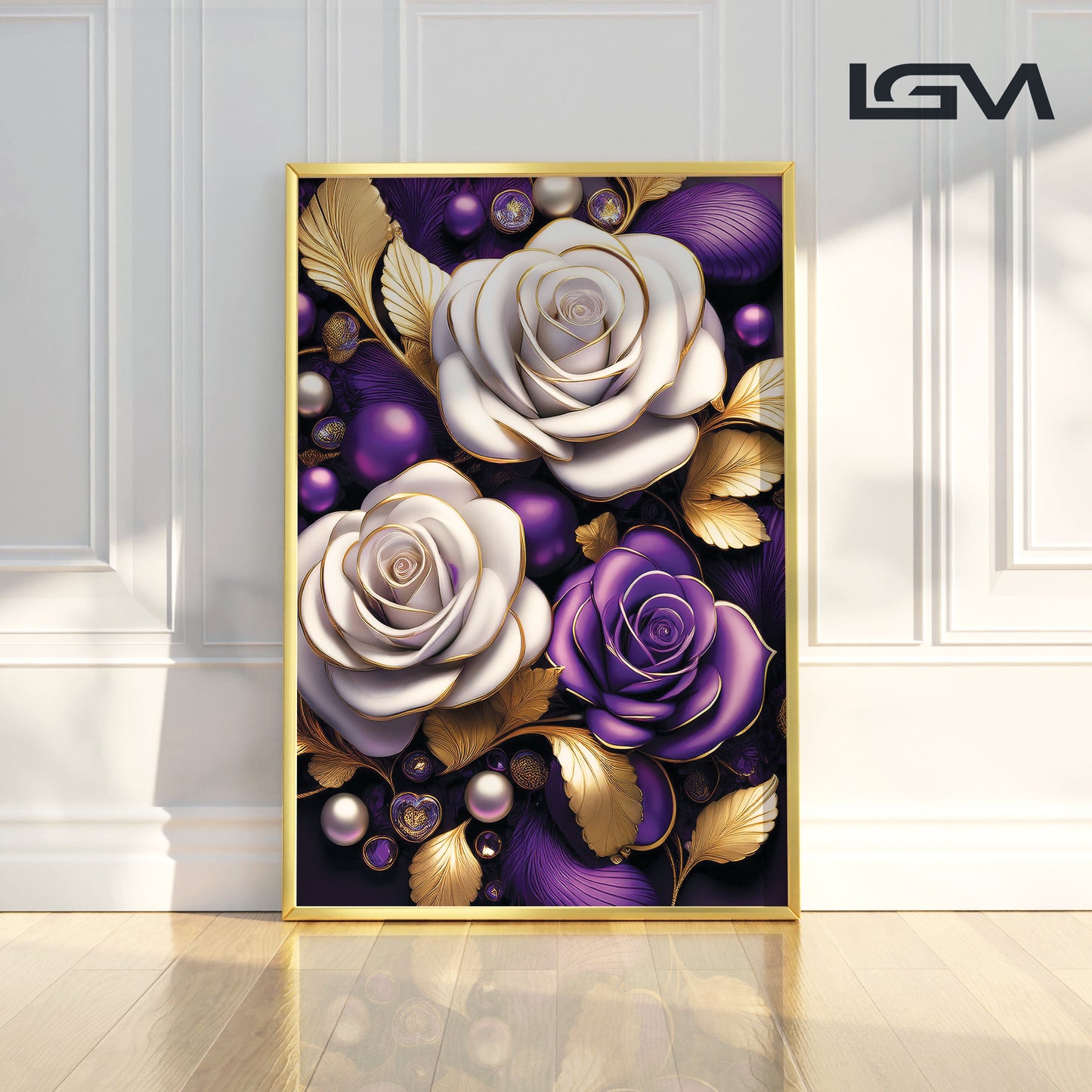 Elegant Purple & White Rose Metal Framed Wall Art – Modern Luxury Décor