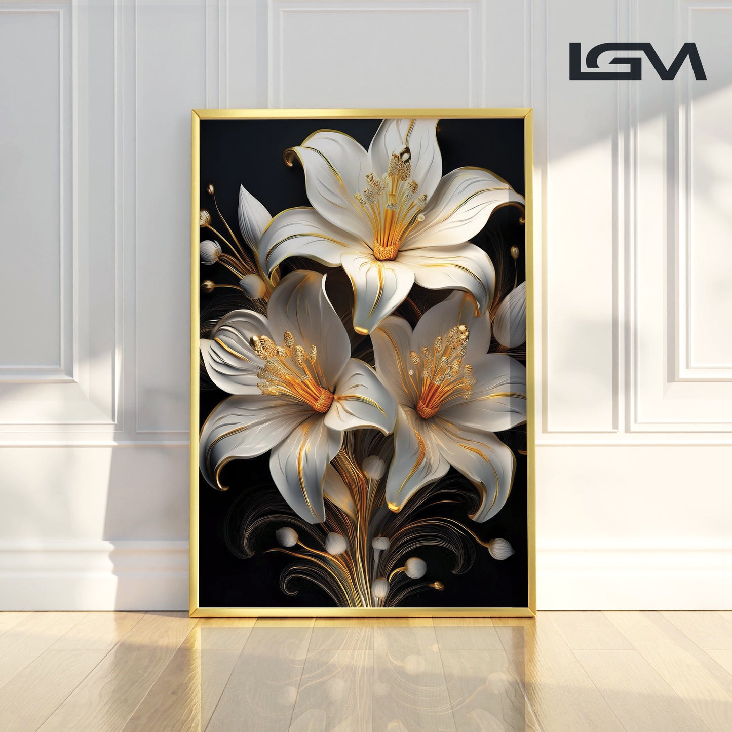 Elegant White & Gold Lily Metal Framed Wall Art – Modern Floral Luxury