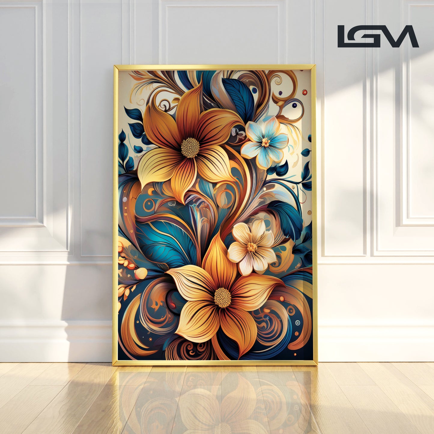 Golden & Cream Floral Metal Framed Wall Art – Elegant Botanical Design