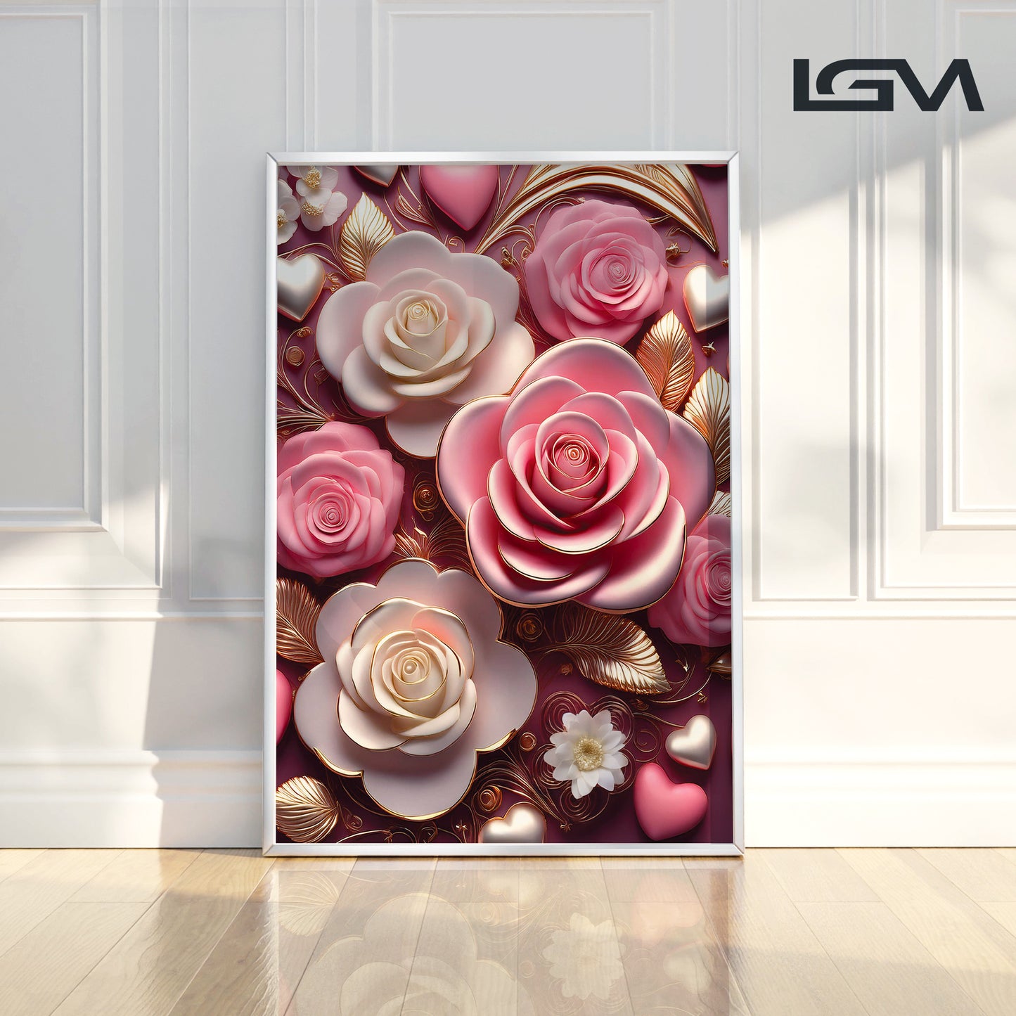 Romantic Pink & White Rose Metal Framed Wall Art – Luxury Floral Design