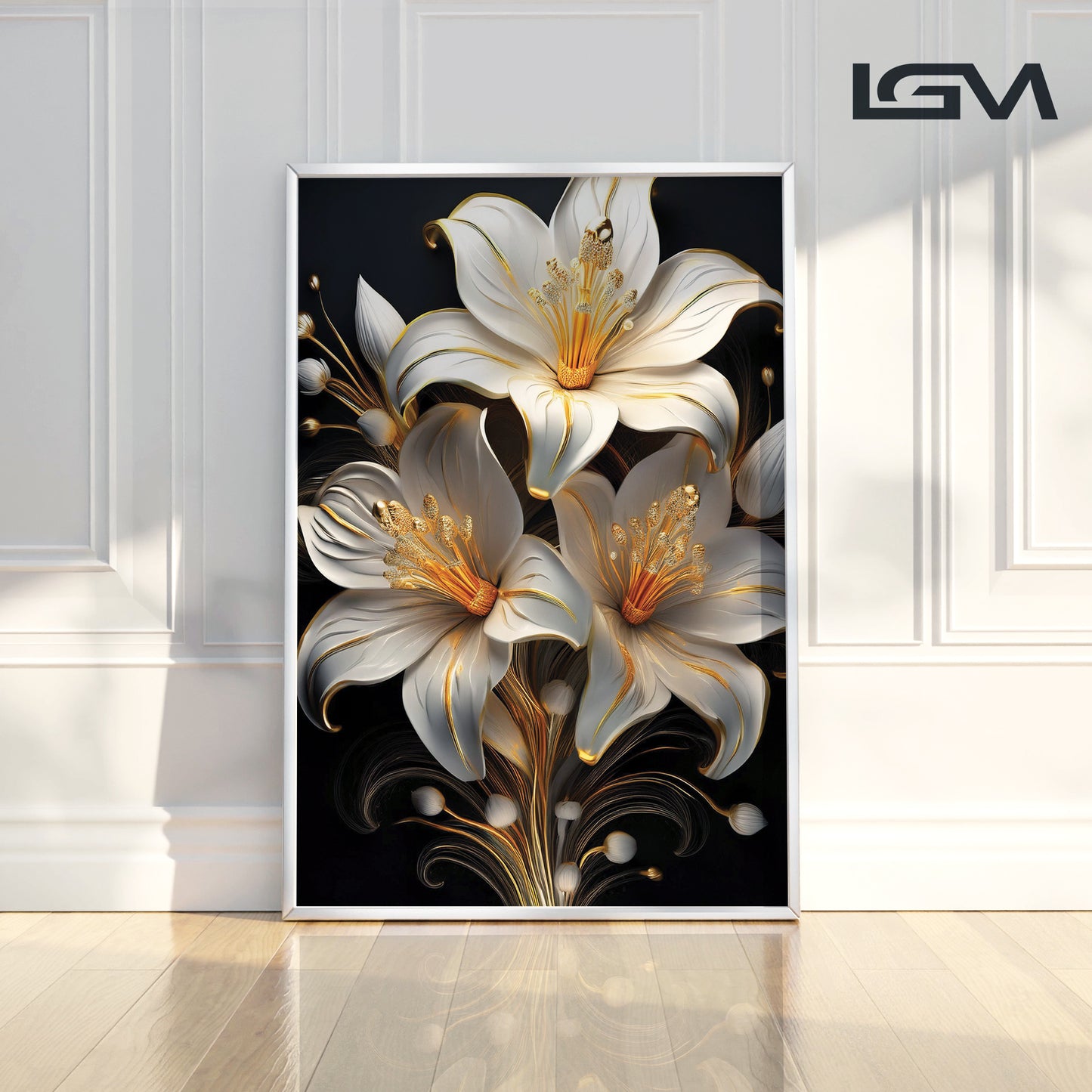 Elegant White & Gold Lily Metal Framed Wall Art – Modern Floral Luxury