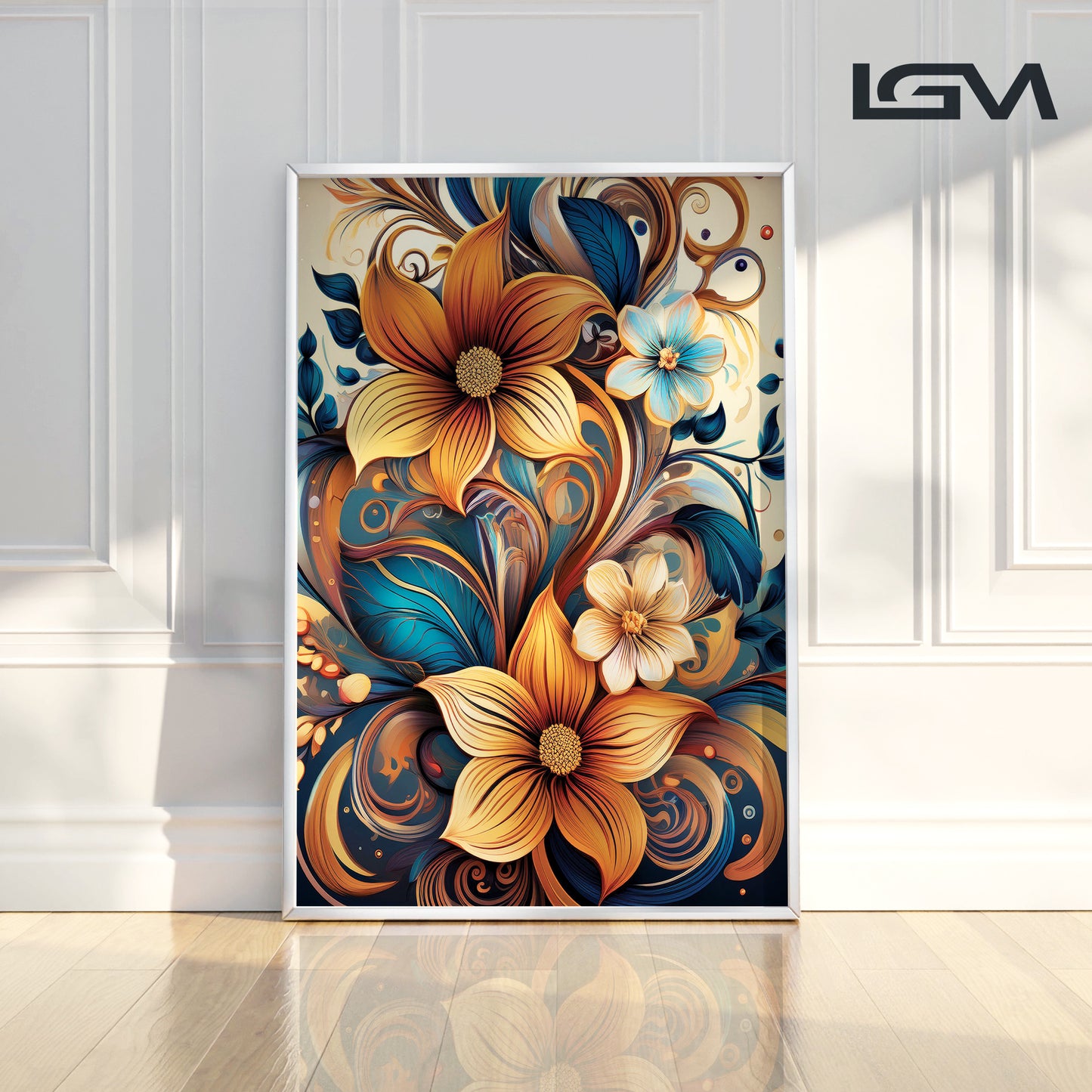Golden & Cream Floral Metal Framed Wall Art – Elegant Botanical Design