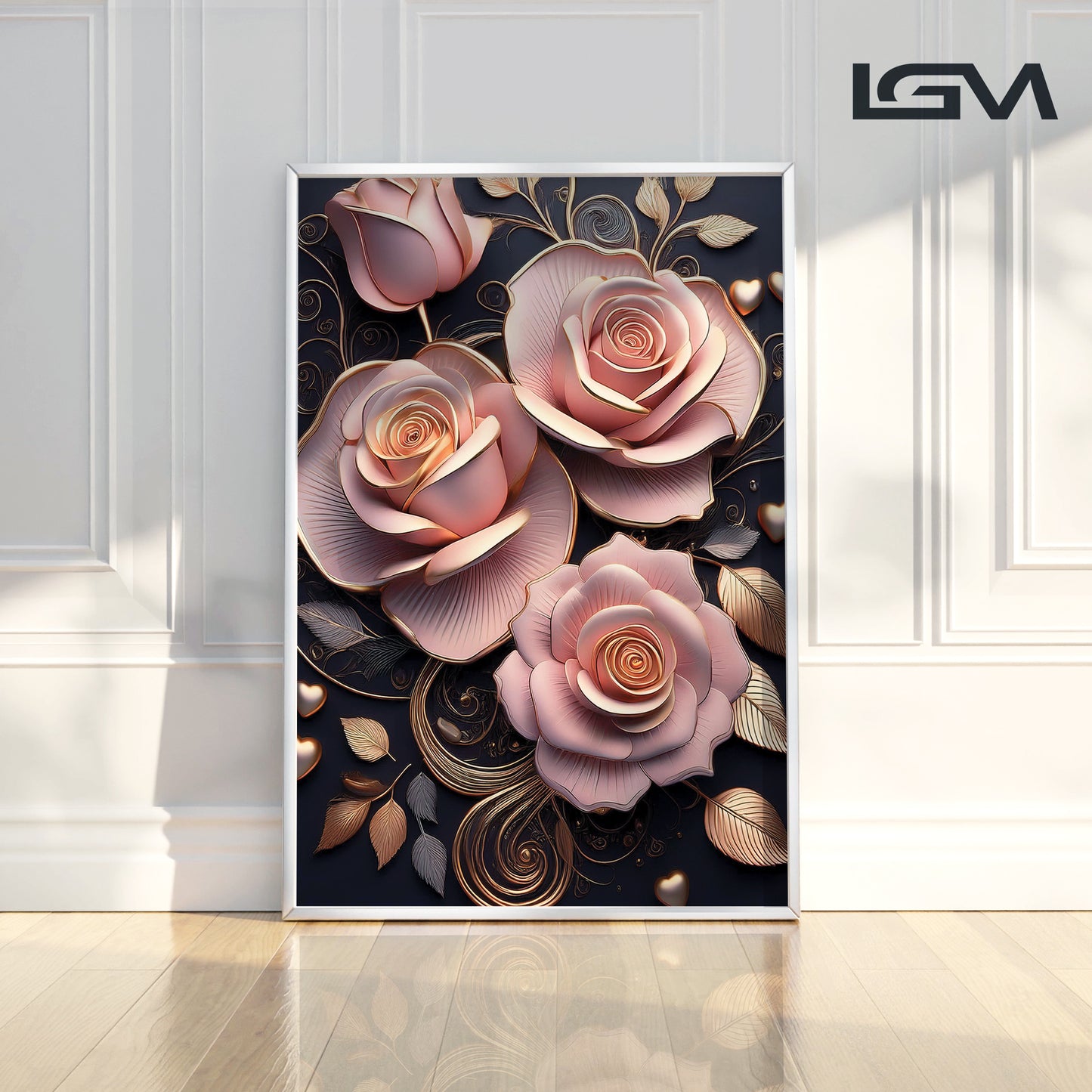 Classic Pink Rose Metal Framed Wall Art – Romantic Luxury Décor