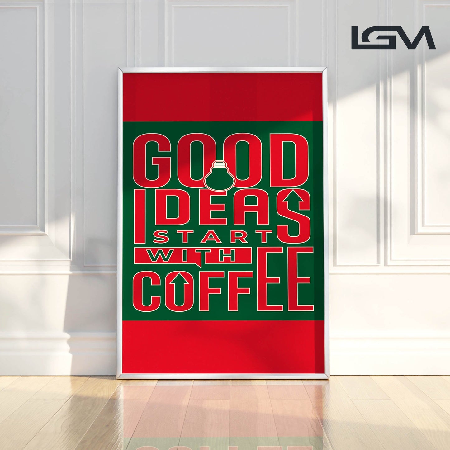 Good Ideas Start with Coffee - Luxury Glass Framed Wall Art (Multiple Colors)