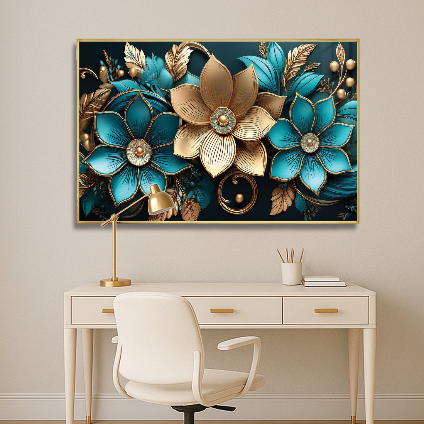 Luxury Blue & Gold Floral Metal Framed Wall Art – Elegant Botanical Design