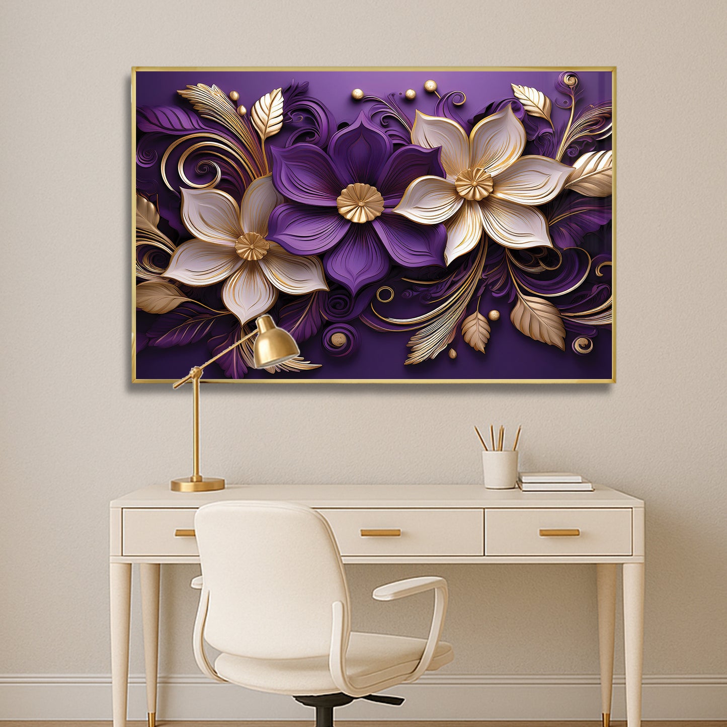 Luxury Purple & Gold Floral Metal Framed Wall Art – Elegant Botanical Design
