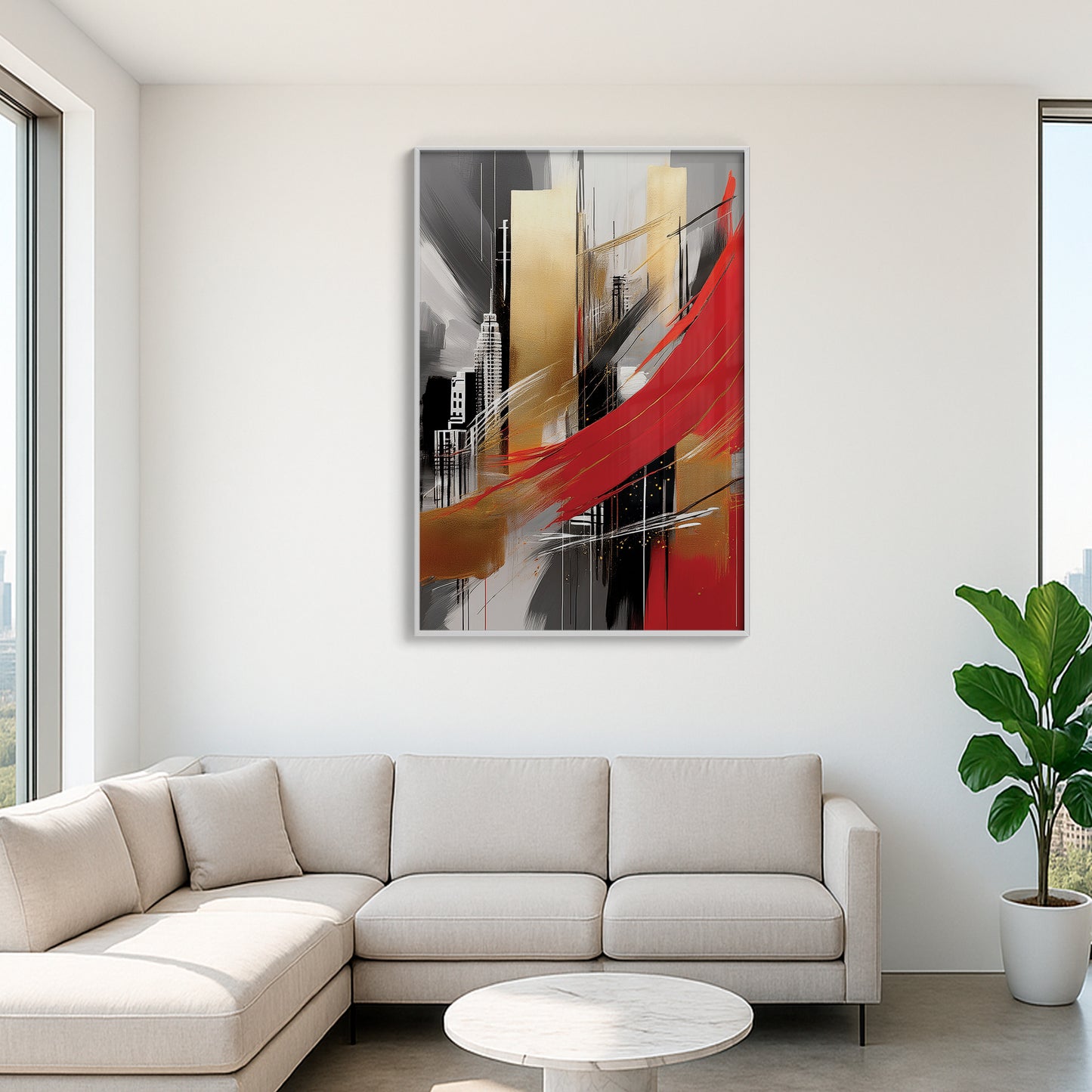 City Abstract Wall Art – Gold and Red Modern Luxury Décor