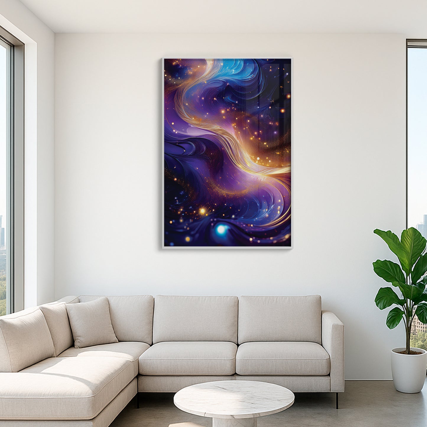 Cosmic Abstract Wall Art – Purple and Gold Galaxy-Inspired Décor