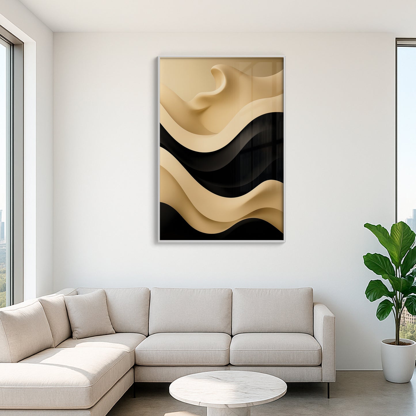 Cream and Black Wave Abstract – Minimalist Modern Wall Art