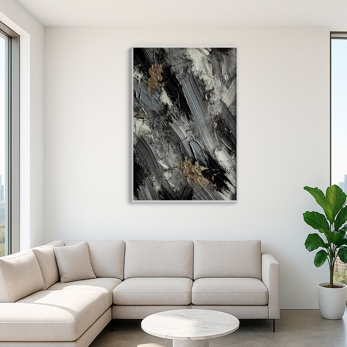 Monochrome Elegance with Metallic Highlights – Abstract Wall Art