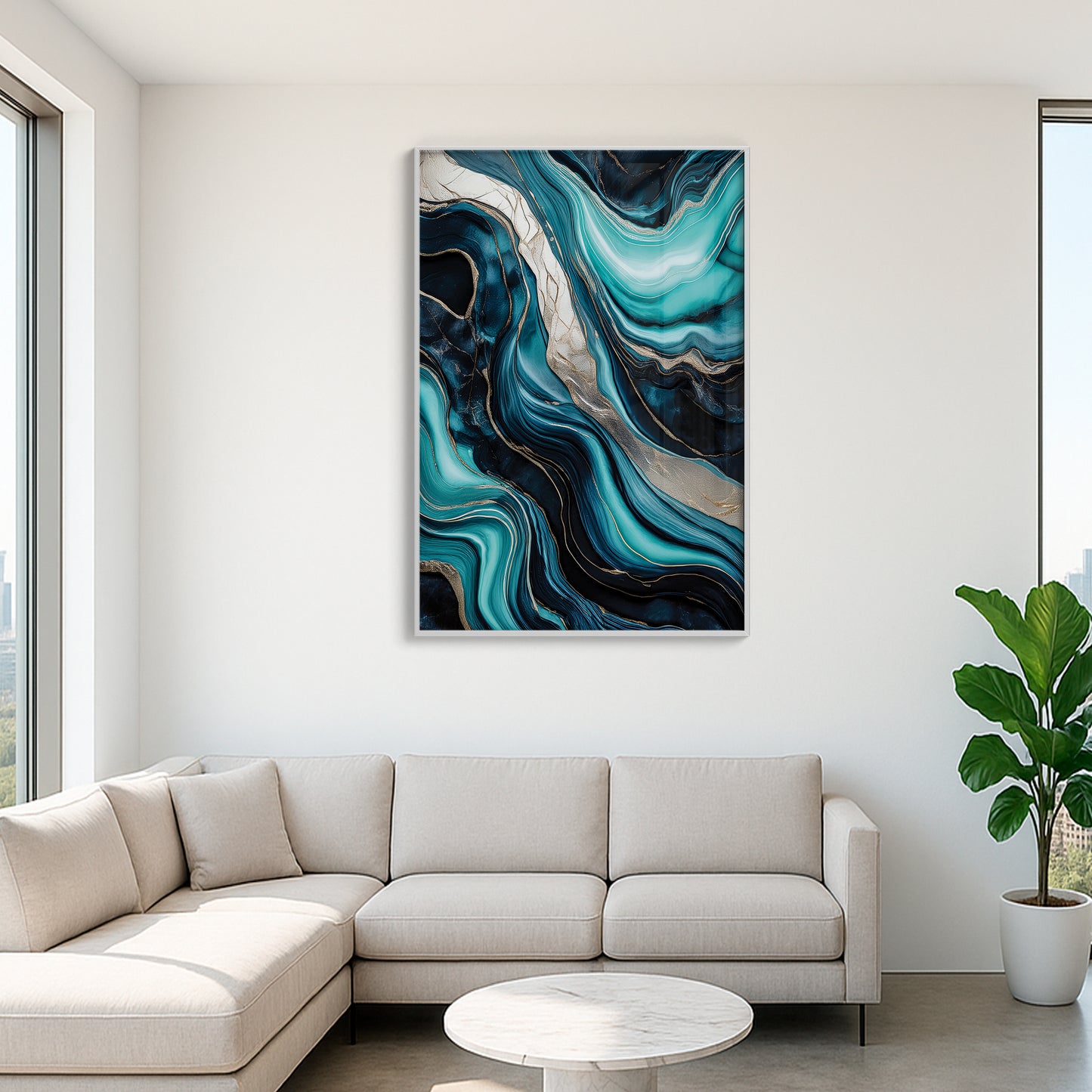 Turquoise & Gold Marble Flow – Abstract Luxury Wall Art