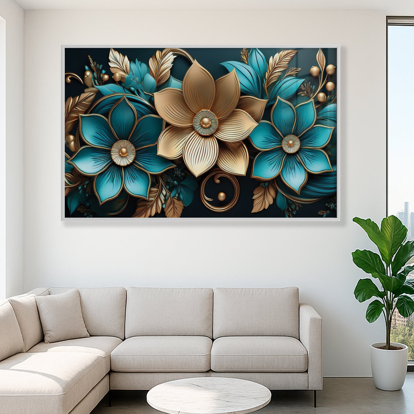 Luxury Blue & Gold Floral Metal Framed Wall Art – Elegant Botanical Design