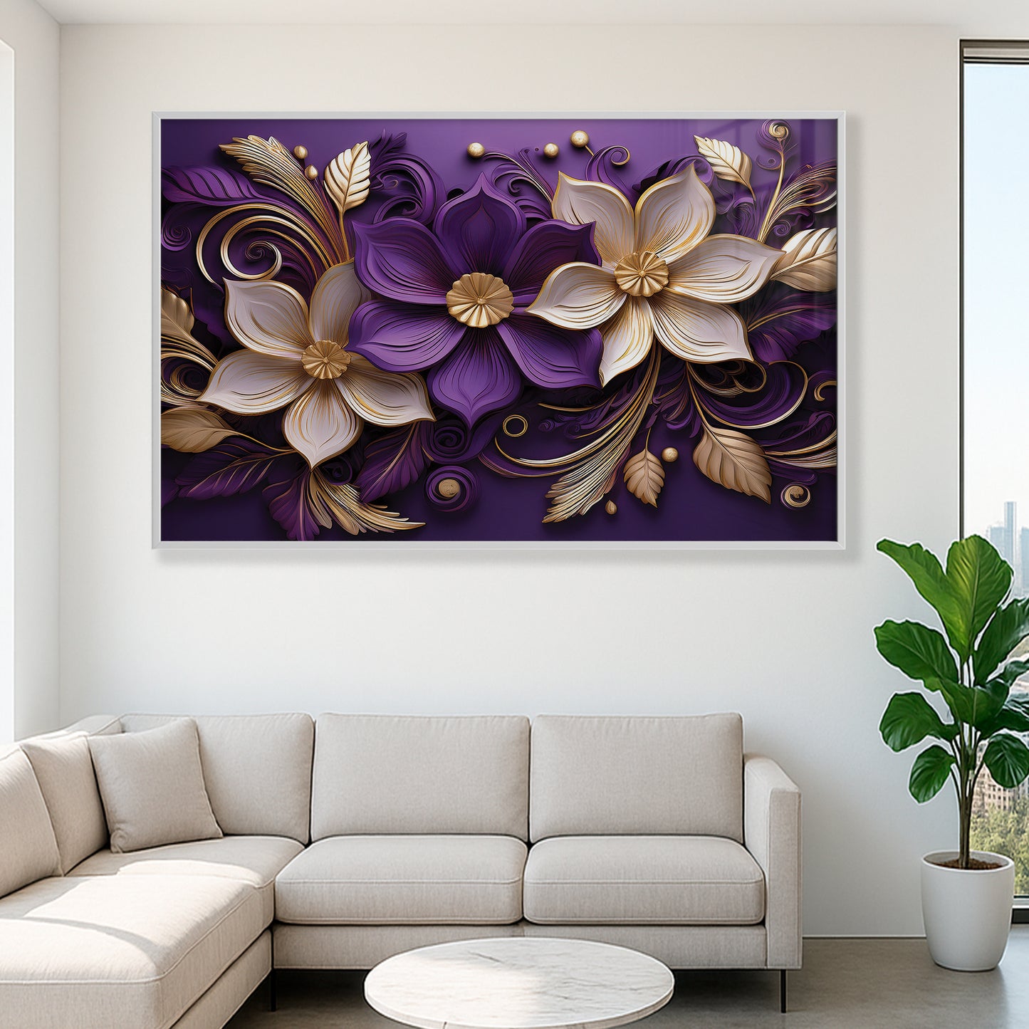 Luxury Purple & Gold Floral Metal Framed Wall Art – Elegant Botanical Design