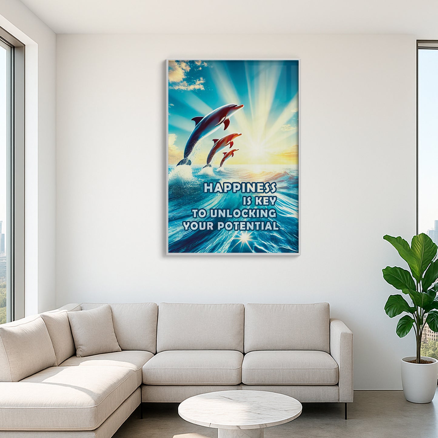 Happiness Unleashed β Dolphin Sunrise Inspirational Wall Art