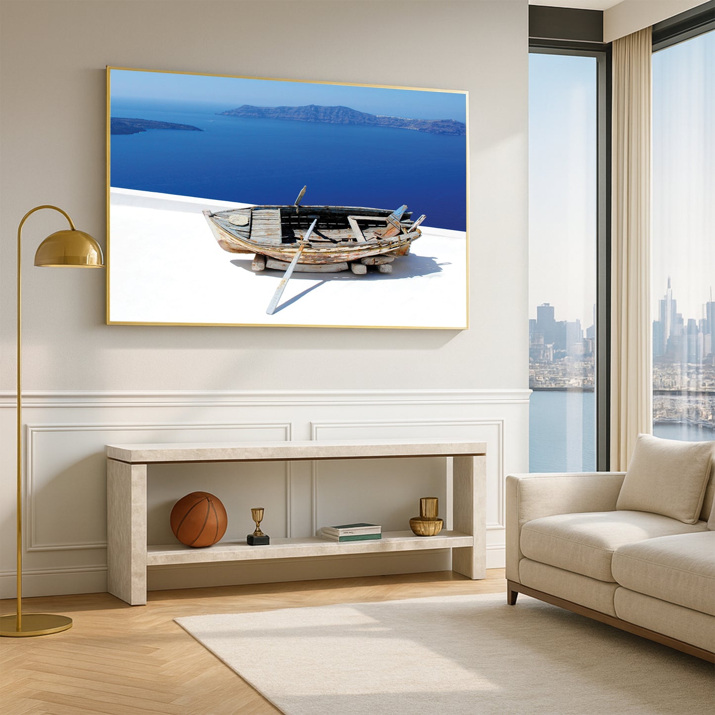 Aged Boat Overlooking Santorini Coast β Mediterranean Minimalist Wall Art Print