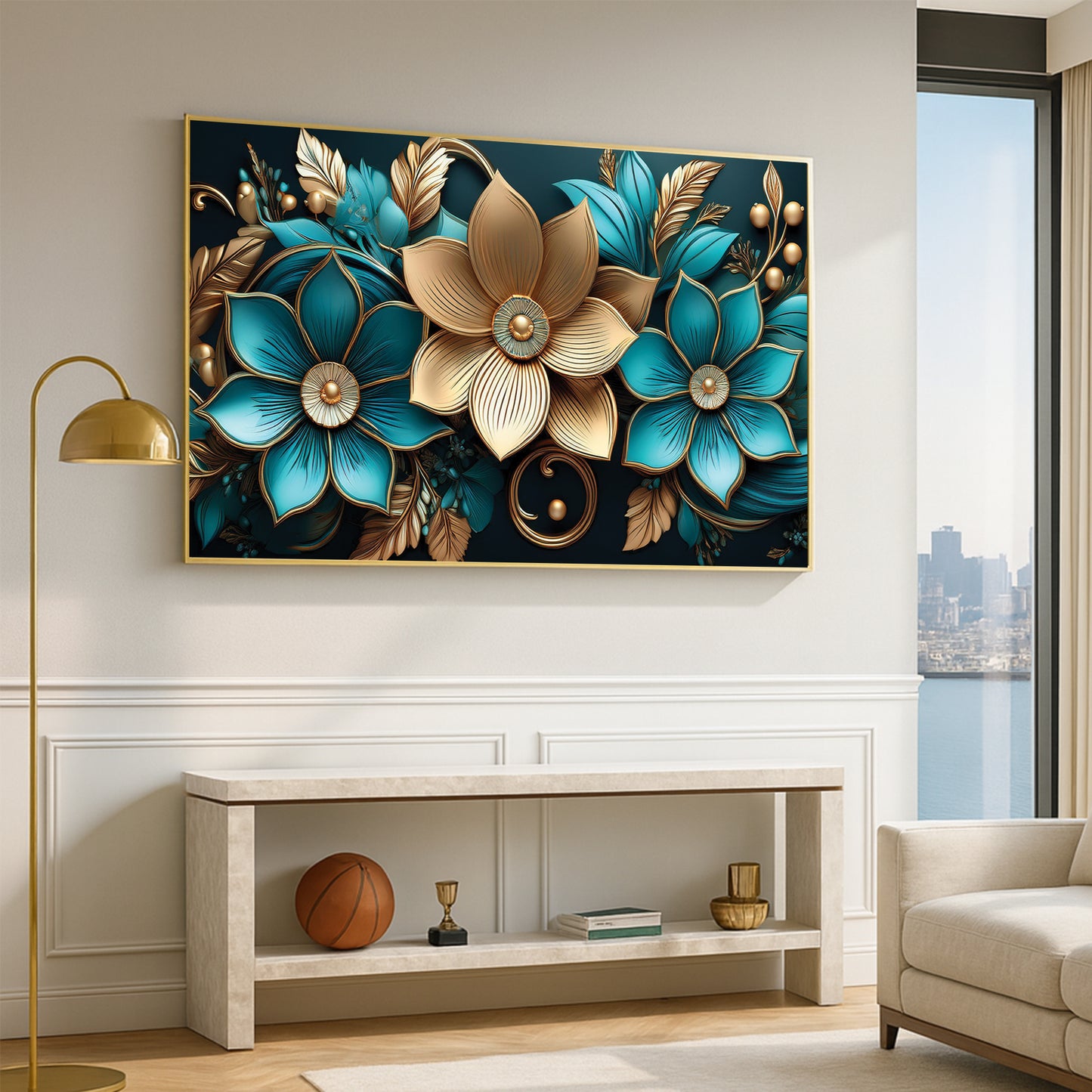 Luxury Blue & Gold Floral Metal Framed Wall Art – Elegant Botanical Design