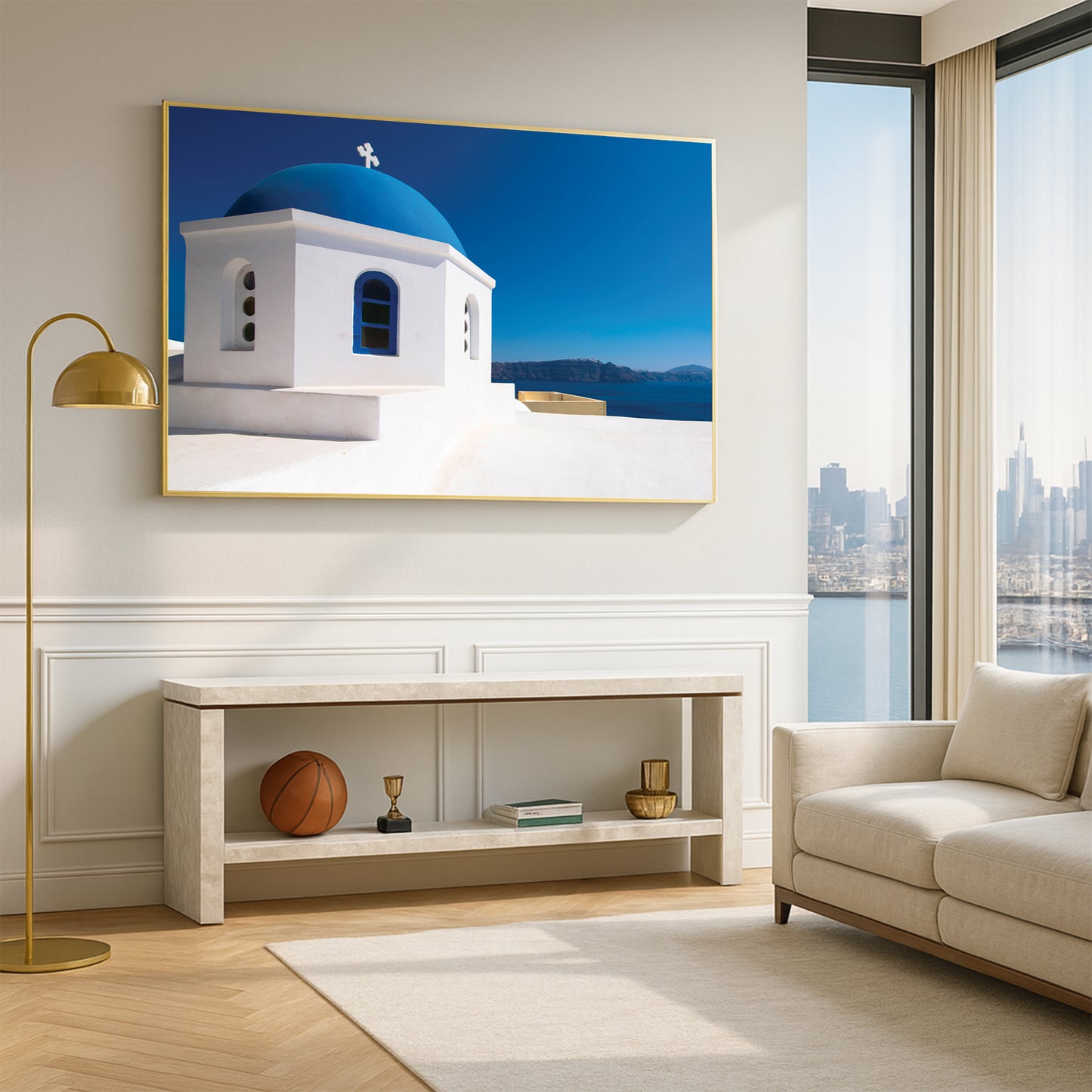 Santorini Blue Dome Church – Greek Island Wall Art, Minimal Coastal Icon