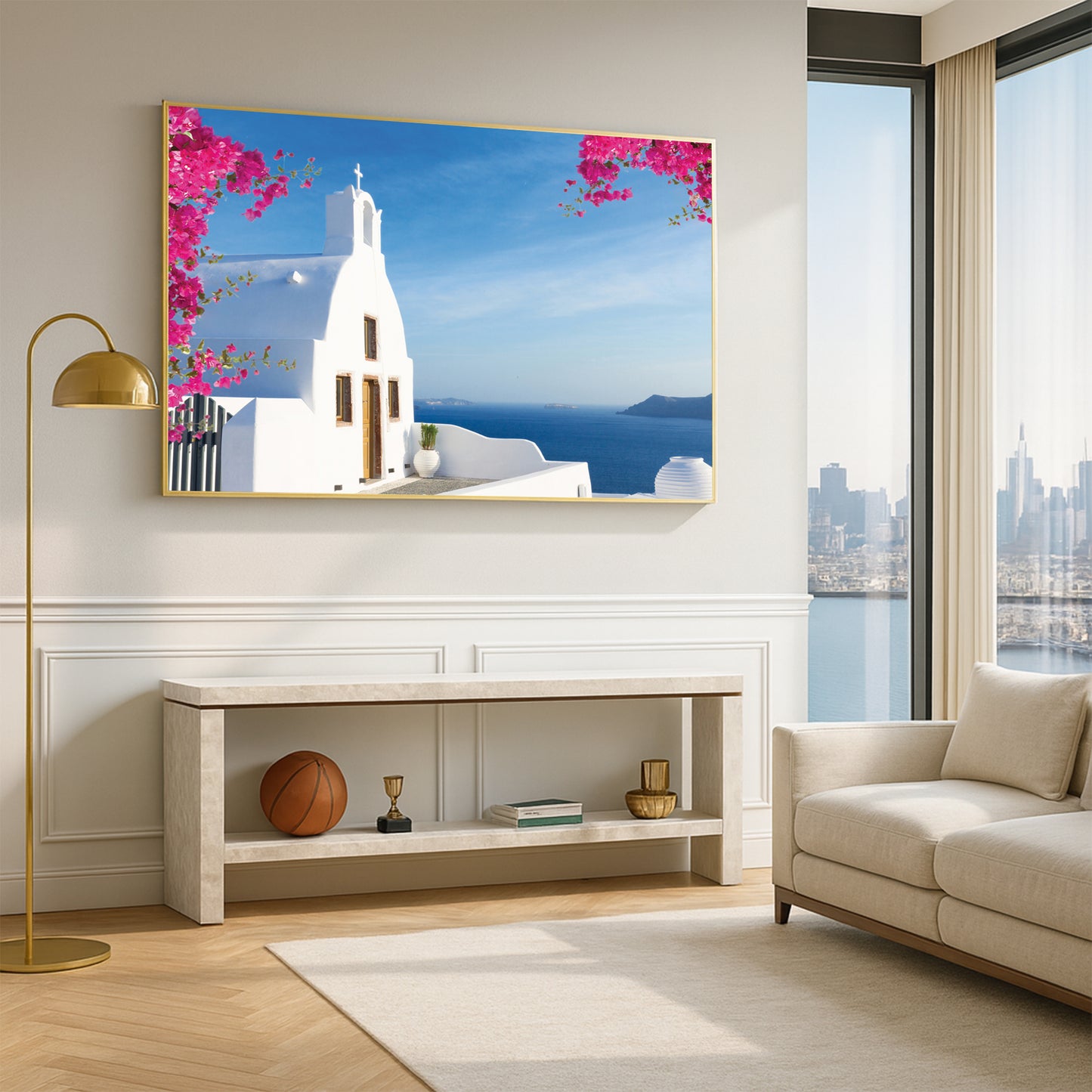 Santorini Cliffside Chapel Wall Art – Aegean Sea View with Bougainvillea Blossoms